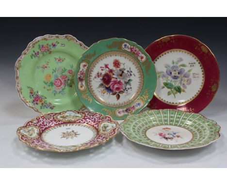 A mixed group of English porcelain cabinet plates and dishes, mostly 19th century, landscape and floral painted with a variet