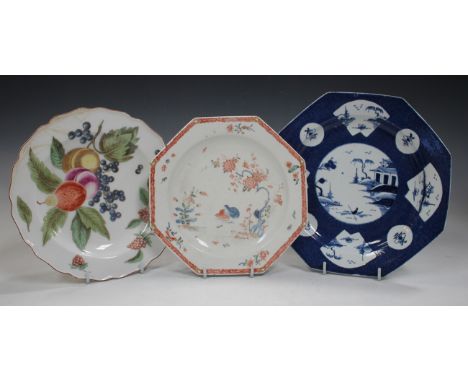 A Bow porcelain octagonal plate with powder blue ground, circa 1760-65, painted with a central chinoiserie landscape view ben