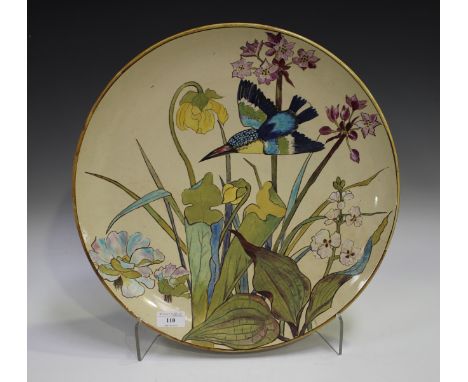 A large Aesthetic pottery circular wall plaque or charger, 1880s, painted by G.R. Purvis, signed, with a kingfisher in flight