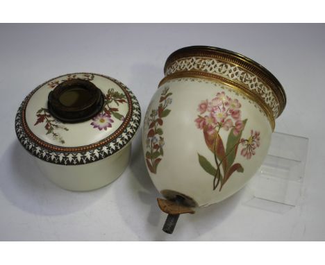 A Royal Worcester oil lamp body and reservoir, circa 1889, the ivory grounds decorated with gilt enriched scattered flower st