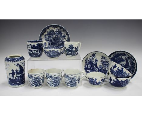 A group of mostly Worcester underglaze blue printed teawares, late 18th century, including an Argument pattern teabowl and sa