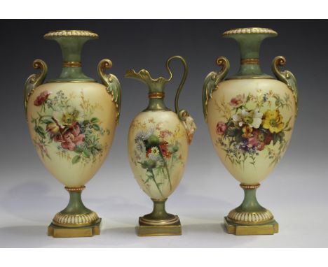 A pair of Royal Worcester blush ivory two-handled vases, circa 1900, printed and painted with floral bouquets between green g