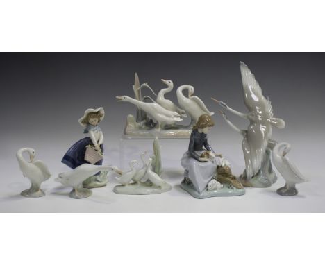 Five Lladro figures, including Pretty Pickings, No. 5222, and Geese Group, No. 4549, together with three Nao figures.Buyer’s 