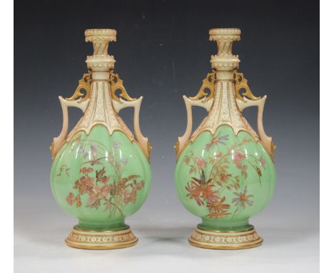 A pair of Royal Worcester Aesthetic two-handled vases, circa 1893, each painted with floral sprays and insects against a pale