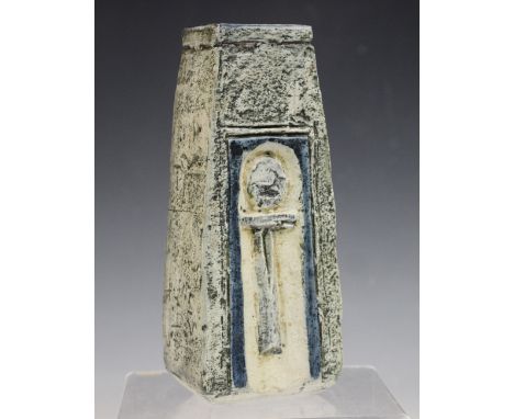 A Newlyn Troika Pottery coffin vase, 1970s, decorated by Tina Doubleday, monogrammed, black painted marks to base, height 17c