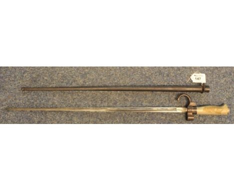 19th Century French spike bayonet with cruciform blade, and scabbard.