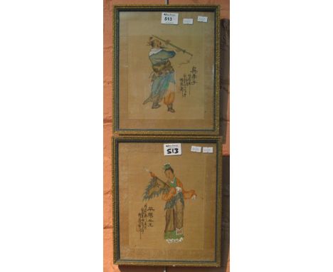 Pair of Japanese portrait studies on fabric.  Male and female figures.  Framed and glazed. (2)