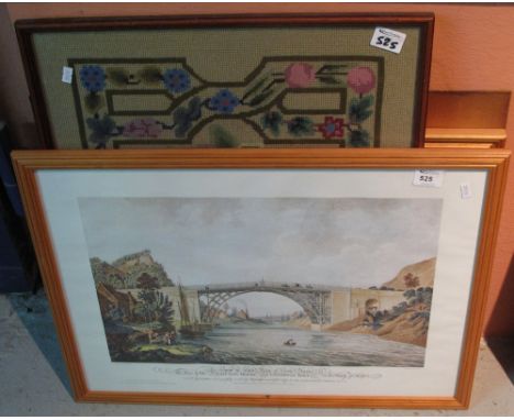 Restrike print after Rooker, 'The view of the cast iron bridge near Coalbrookdale', a framed tapestry panel and a framed phot