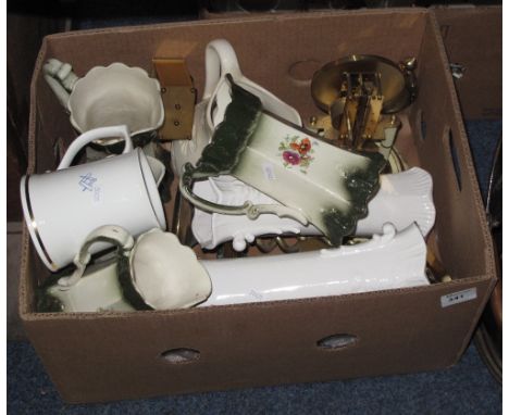 Box of assorted china and other items to include set of three graduated Staffordshire floral dresser jugs, barley twist brass