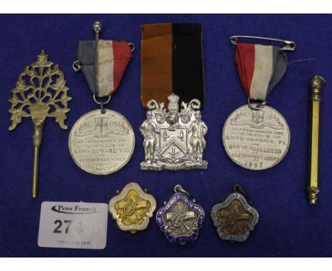 Bag of assorted collectables to include yellow metal pencil holder, commemorative coronation of King George VI and Queen Eliz