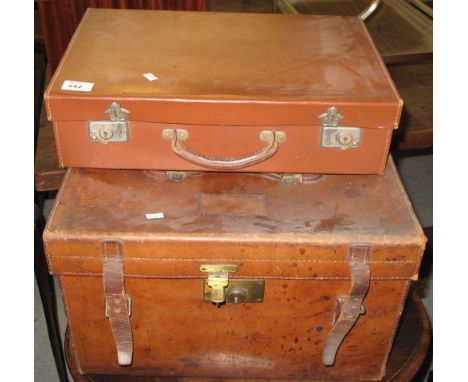 Vintage tan leather travelling case together with two other smaller vintage suitcases. (3)