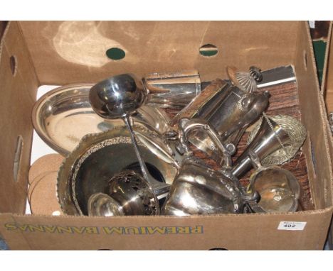 Box of assorted metal ware to include late 19th /  early 20th Century plated tea service, weave design basket, pierced pedest