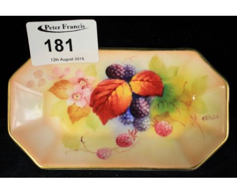 Royal Worcester bone china pin dish, hand painted with berries and leaves, signed K Blake.  Printed puce marks to base. CONDI