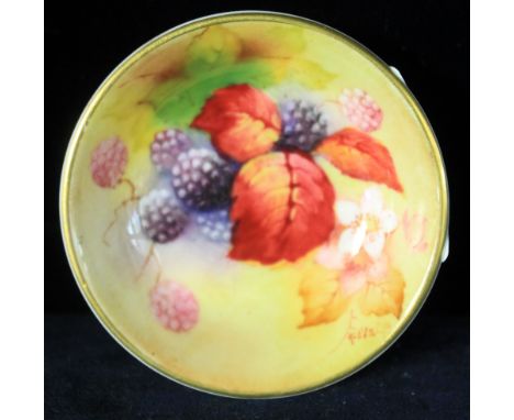Small Royal Worcester bone china pin dish, hand painted with berries and leaves, signed K Blake.  Printed puce marks to base.