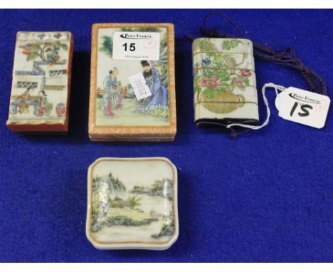 Group of Chinese Canton porcelain items to include small figure painted rectangular shaped calligraphy box, a landscape decor