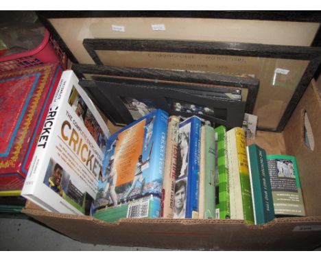 Box of assorted cricket books to include: 'The Complete Encyclopedia of Cricket'; 'Benson and Hedges Cricket Year'; 'Glamorga