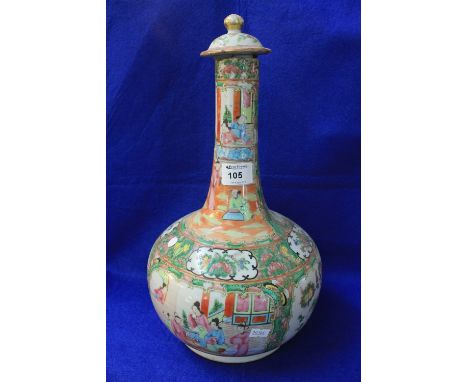 Large Canton porcelain baluster shaped bottle vase and cover overall decorated in famille verte colouring with reserve panels