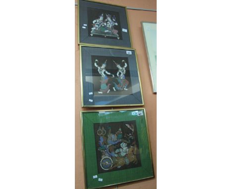Group of four Balinese portrait groups of dancers and warriors, fabric panels. (4)