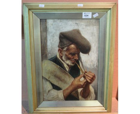 Italian School, Portrait of an elderly man lighting his pipe, oils on canvas.  Framed.