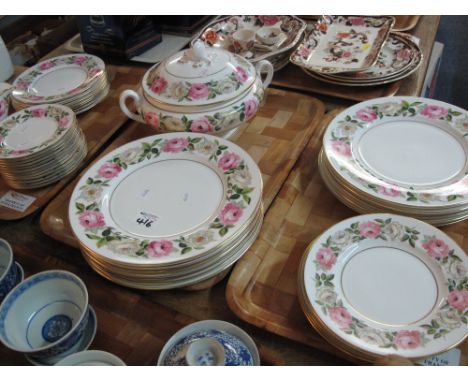 Three trays of Royal Worcester china dinner ware items on a white ground with rose and gilt decoration comprising various pla