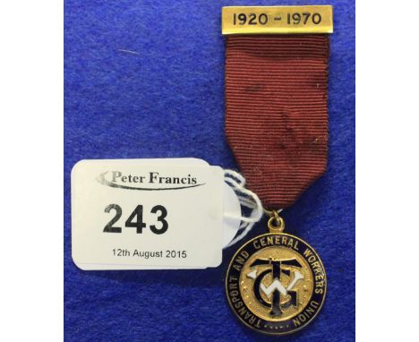 9ct gold and enamel Transport and General Workers Union pendant and bar badge presented to BRO.A.Dunford number 4/50 branch i