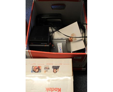 Box containing assorted photographic equipment to include Polaroid super colour 635, Kodak easy share Halina panorama camera,