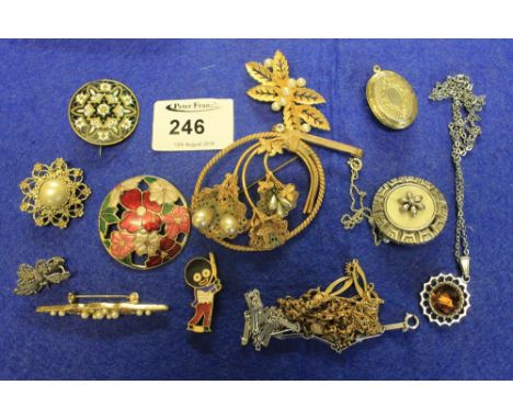 Box of assorted costume and dress jewellery to include floral micro mosaic cameo pearl bar brooches, Robertsons Golly cricket