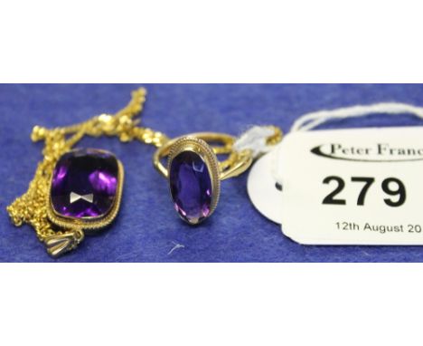9ct gold amethyst pendant and ring.
