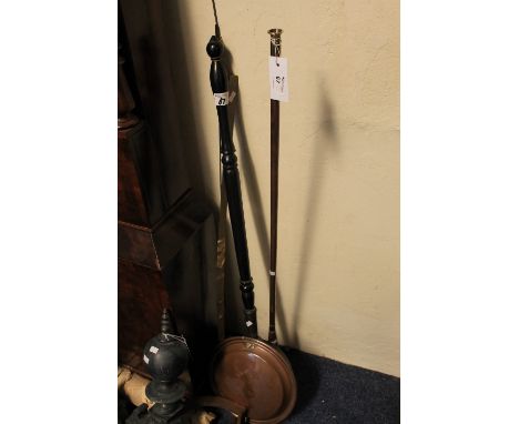 Copper and brass banded hunting horn, copper warming pan.  (2)