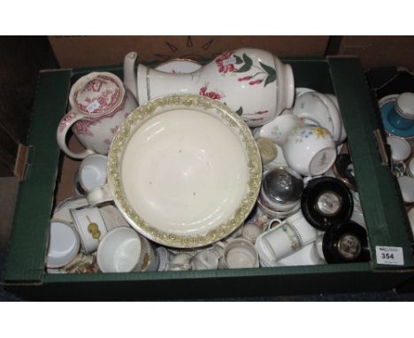 Tray of assorted china to include arn nouveau organic design chamber pot, "Crown Ducal Bristol" coffee pot, Royal Worcester E