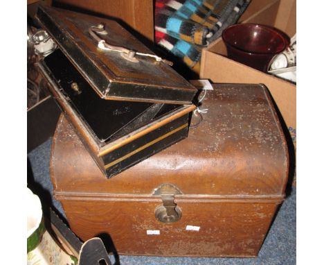 Small tin trunk with dome top together with vintage cash box.  (2)