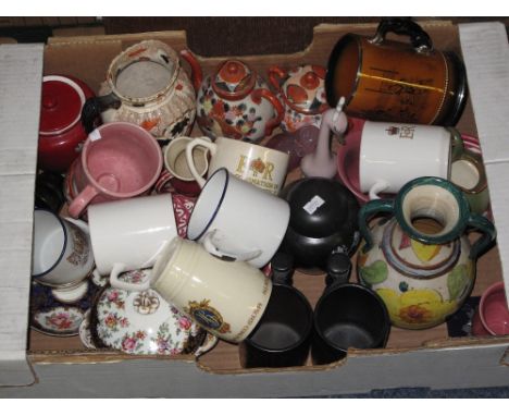 Tray of assorted china to include commemorative mugs and beakers, Portmeirion " A year to remember" tankards, Crown Devon gin