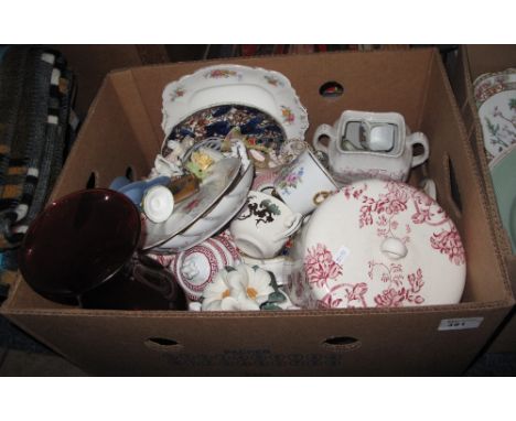 Box of assorted mainly china to include cheese bell floral cover, Paragon floral plate, Wedgwood Jasper ware blue and white p