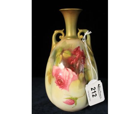 Royal Worcester porcelain Hadley style fluted ovoid vase painted with roses, signed by Kitty Blake.  Printed marks with shape