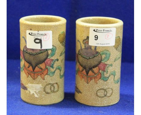 Pair of Chinese crackle ware porcelain cylinder vases with painted enamel decoration.  One with four character marks to base.