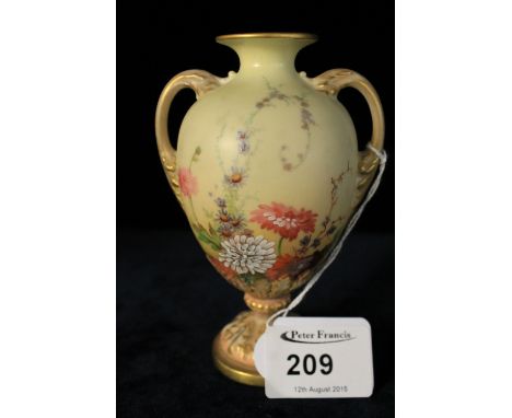 Royal Worcester porcelain two handled vase painted with floral sprays within gilt borders.  Printed green marks to base numbe