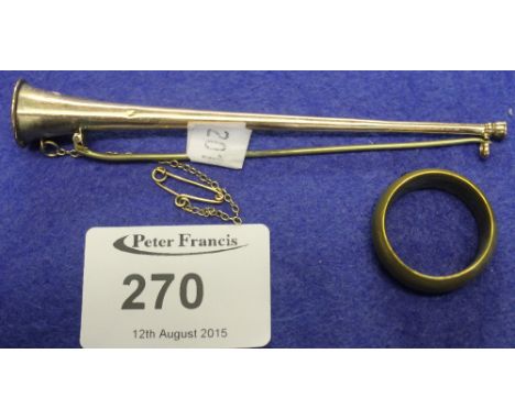Yellow metal hunting horn bar brooch tested as 9ct gold, together with brass ring.