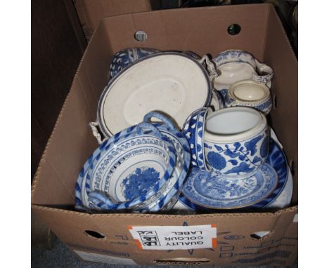 Box of assorted blue and white china items to include Copeland Spode's Italian and other Spode dish, Asiatic pheasant circula