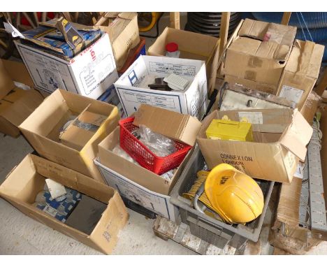 Two pallets containing a large quantity of electrical kit and components, to include various three-phase sockets, cables, lig