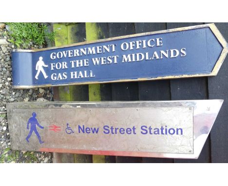A chrome mounted pedestrian notice sign for New Street Station, 104cm; together with a painted cast iron notice sign for Gove