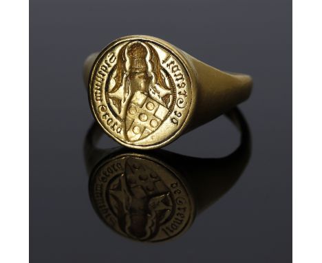An 18th century gold seal ring, the circular bezel engraved with the arms of the family of Grenville, a shield with green qua
