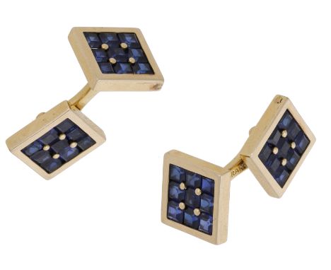 A pair of synthetic sapphire cufflinks by Vourakis, double-sided, each of the square-shaped panels channel-set with calibré-c