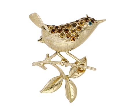 A mid 20th century gem-set bird brooch, realistically modelled as a bird perched on a branch, the back pavé-set with circular
