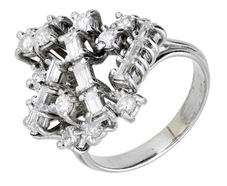 A diamond dress ring, circa 1970, the openwork cluster set with brilliant and baguette-cut diamonds, to a reeded hoop, total 