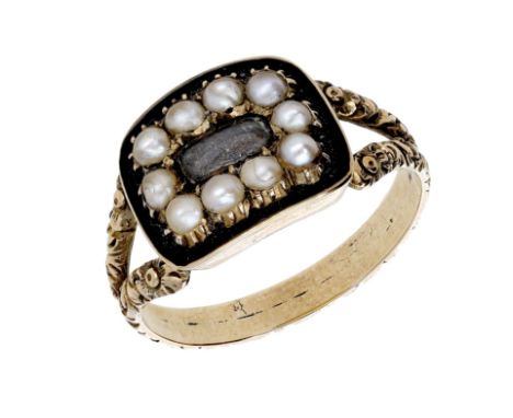 An early 19th century memorial ring, the glazed hairwork panel within a surround of seed pearls and black enamel border, to b