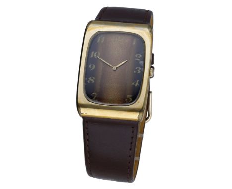 Omega. A gold plated rectangular wristwatch with synthetic tiger’s eye dial, Genéve, circa 1973. Movement: manual winding, no