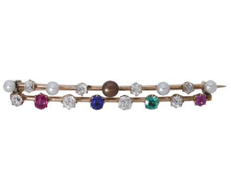 A late 19th century gem-set brooch, set with two rows of vari-cut diamonds, a sapphire, ruby, emerald and pink sapphire, and 