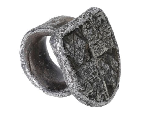 A rare 16th century silver vervel or hawking ring, the shield-shaped bezel finely engraved with the Royal coat of arms of Eng