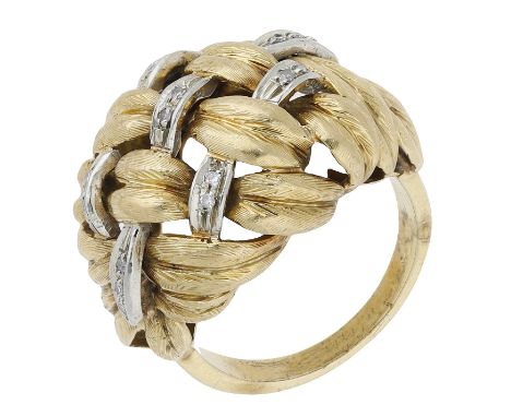 A diamond dress ring, of domed and textured basket weave design, with single-cut diamond highlights, shank stamped ‘750’, rin