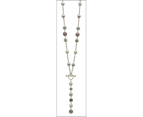 A gem-set and freshwater cultured pearl necklace and earring suite, collet-set with vari-coloured gemstones and freshwater cu